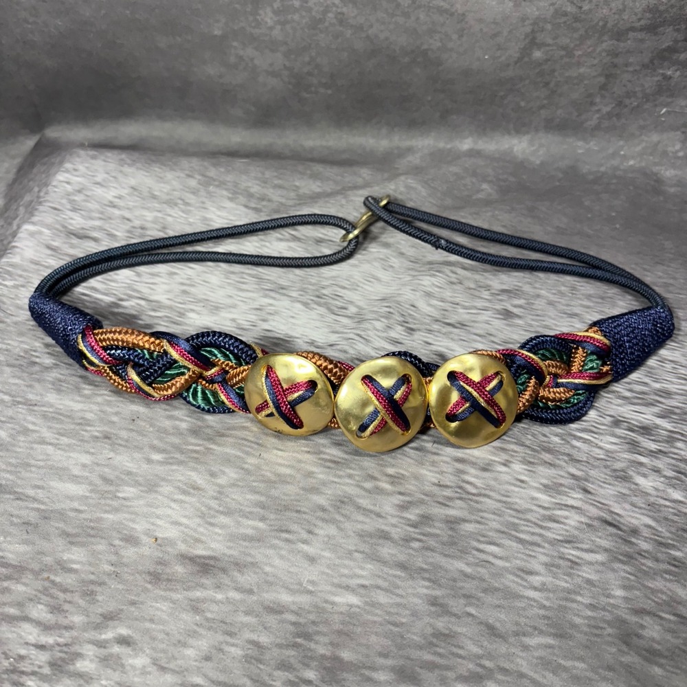 Vintage Navy Blue Stretch Rope Statement Belt Gold Medallions Size L Artsy Boho